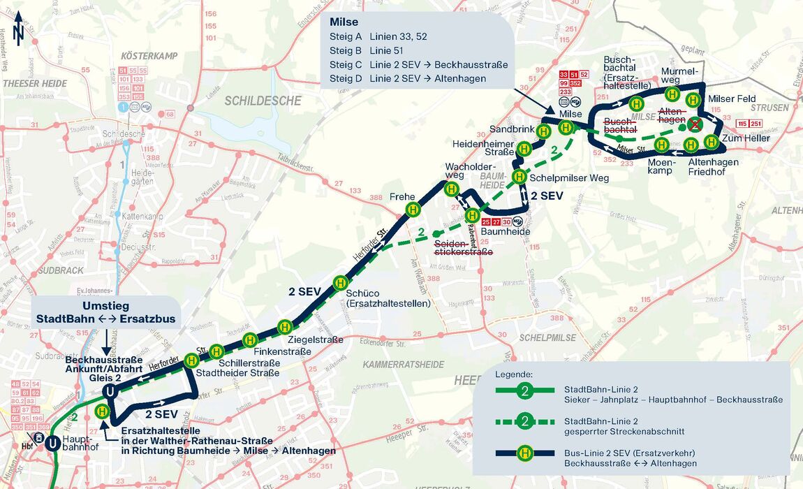 Grafik: Fahrweg SEV-Linie 2 ab 22. Juni Fahrweg der Ersatz-Busse auf der Linie 2 ab 22. Juni