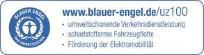Grafik des Blauen Engels für umweltfreundliche Fahrzeuge. Mehr Infos unter www.blauer-engel.de/uz100