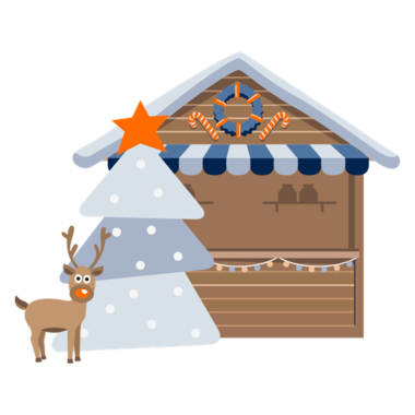 Illustration eines Rentiers, eines Weihnachtsbaums und einer Weihnachtsmarktbude.