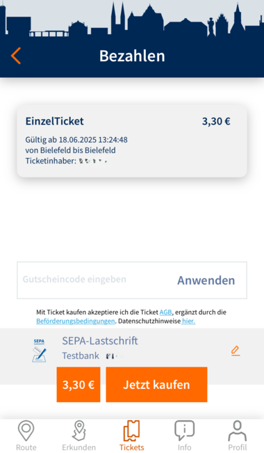 Screenshot der moBiel YOU App: Gutscheine einlösen