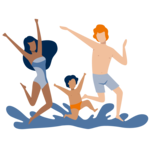 Dein TagesTicket24: 24 Stunden voller Möglichkeiten! Illustration dreier Personen, die im Freibad planschen.