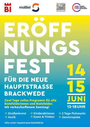 Plakat zum Eröffnungsfest in der Hauptstraße Brackwede: am 14. & 15. Juni 2025, 12 bis 18 Uhr