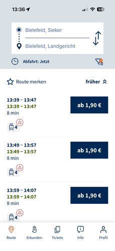 Screenshot der moBiel YOU App: Routensuche im neuen Design
