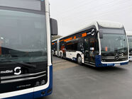 Die neuen Wasserstoffbusse gehen in den Einsatz. | Zwei Wasserstoffbusse in der Nahaufnahme.