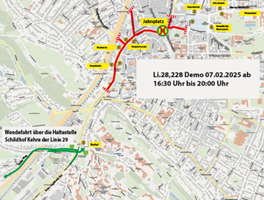Geplante Umleitung Linien 28 und 228 am 7.2. ab 16:30 Uhr