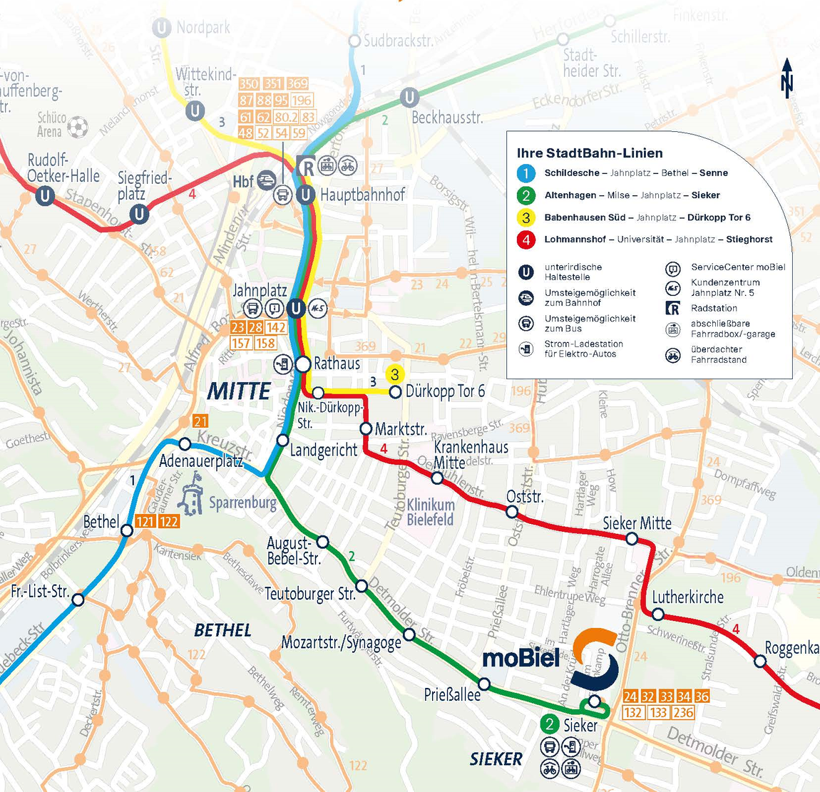 Geografische Anfahrtskizze zum moBiel-Betriebshof, ServiceCenter moBiel und Kundenzentrum Jahnplatz Nr. 5 