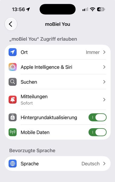 moBiel YOU App: Standortfreigabe für eezy.nrw muss auf "immer" stehen