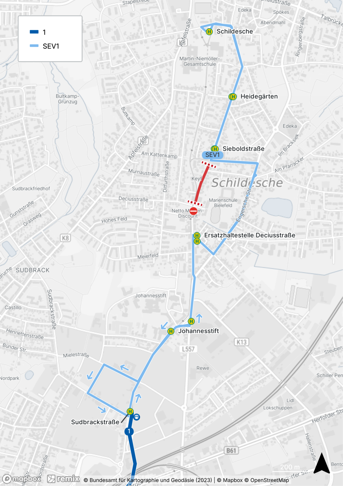 Grafik: Fahrweg SEV1 Sudbrackstraße – Schildesche