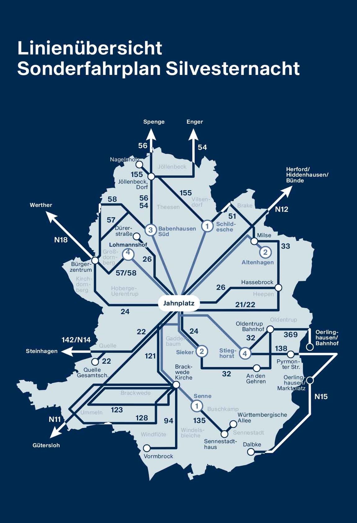 Linienübersicht für den Sonderfahrplan in der Silvesternacht