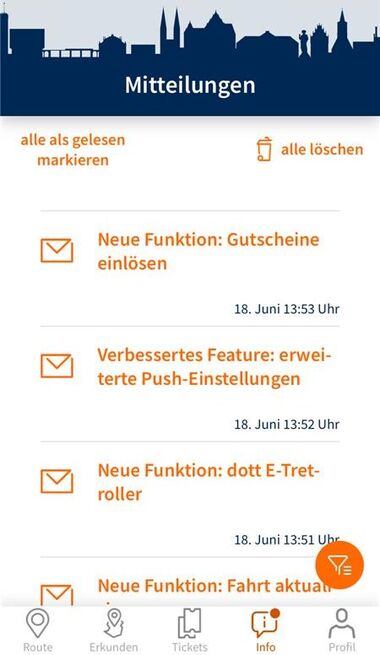 Screenshot der moBiel YOU App: alle Nachrichten gelesen & löschen