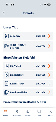 Screenshot der moBiel YOU App: eezy.nrw in der Routensuche