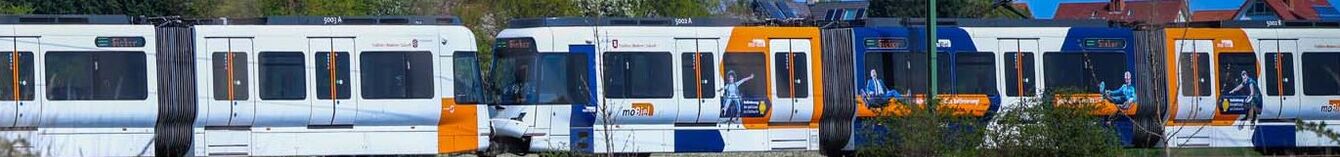 Eine Vamos-StadtBahn fährt durch die Landschaft.