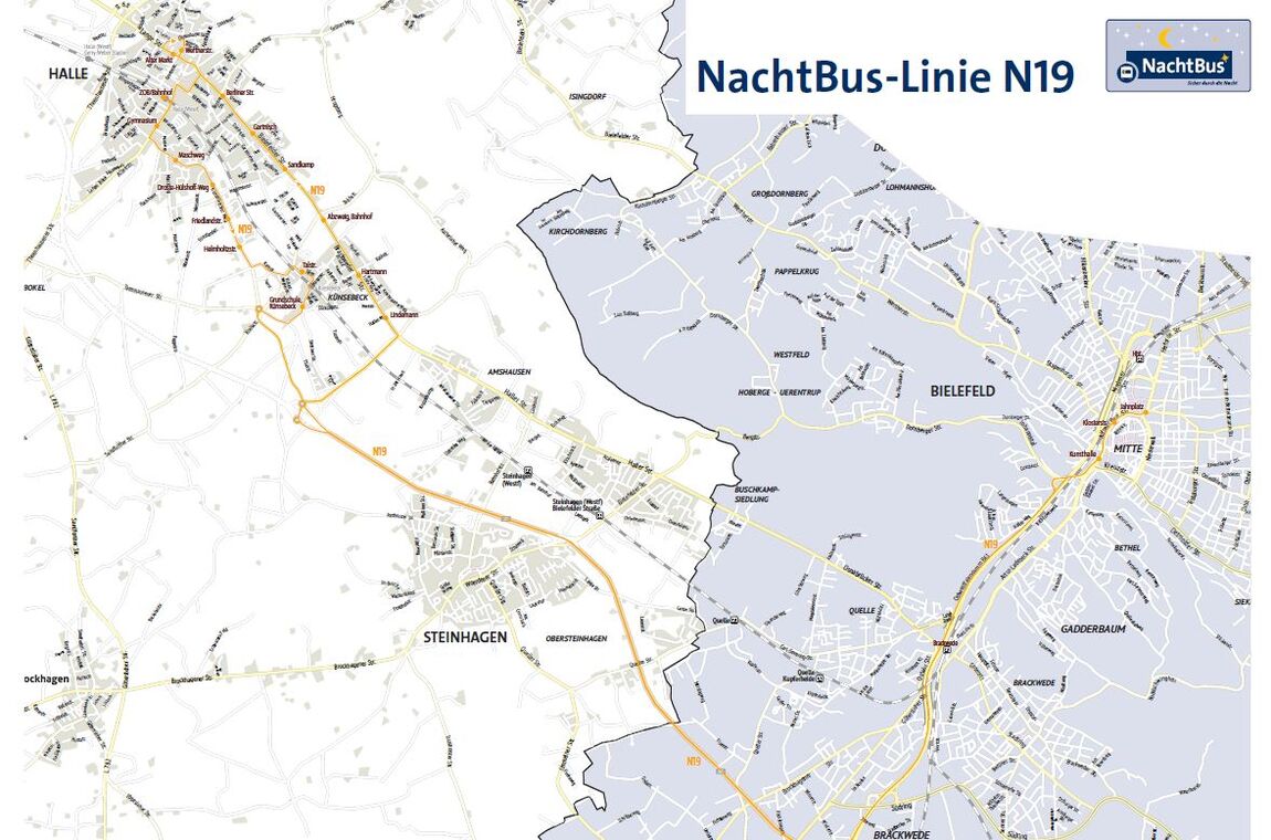 Fahrtroute NachtBus-Linie N19 (Bielefeld – Halle)