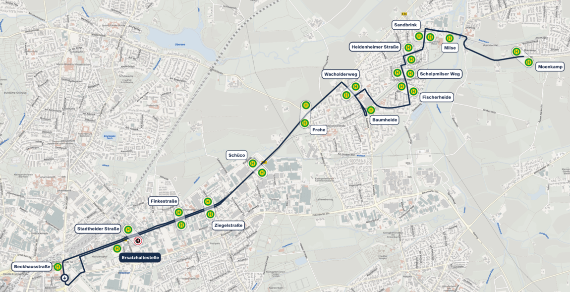 Grafik: Fahrweg SEV2 Beckhausstraße – Altenhagen