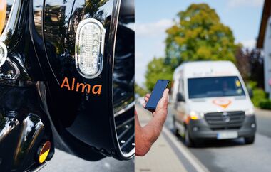 Bildcollage: Links eine Detailsaufnahme des Alma-Schriftzugs auf dem E-Roller; rechts der Anton-Kleinbus auf einer Straße, im Vordergrund eine Hand mit Handy.