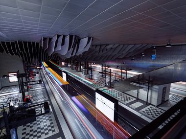 StadtBahn-Haltestelle Bielefeld Hauptbahnhof StadtBahn-Haltestelle Bielefeld Hauptbahnhof mit Blick von der Verteilerebene auf das Gleis 4