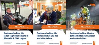 #BesserWeiter Alle drei moBiel-Plakatmotive zur Kampagne #BesserWeiter nebeneinander dargestellt.