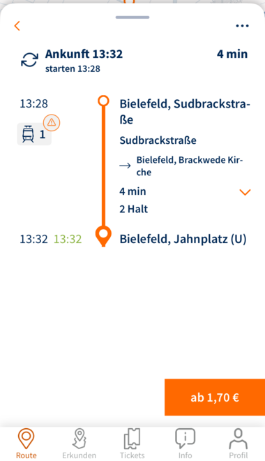 Screenshot der moBiel YOU App: Fahrt aktualisieren