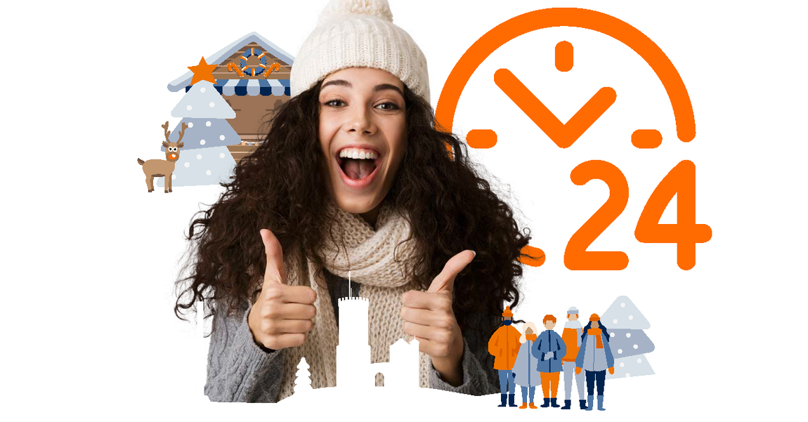 Frau mit Schal und Mütze zeigt die Daumen hoch. | 24 Stunden voller Möglichkeiten! Motiv zum TagesTicket24