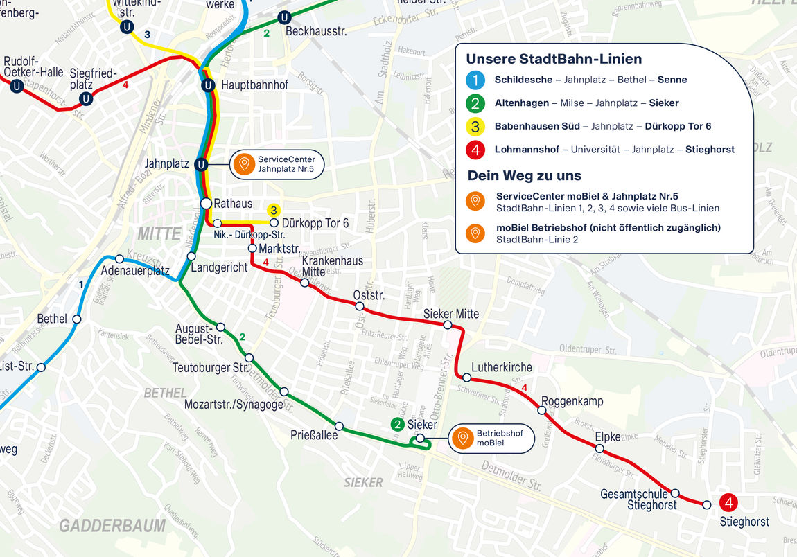 Geografische Anfahrtsskizze zum moBiel-Betriebshof, ServiceCenter moBiel und Kundenzentrum Jahnplatz Nr. 5 