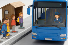 Symbolbild: Illustration von Kindern, die auf den Bus warten.