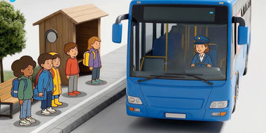Symbolbild: Illustration von Kindern, die auf den Bus warten.