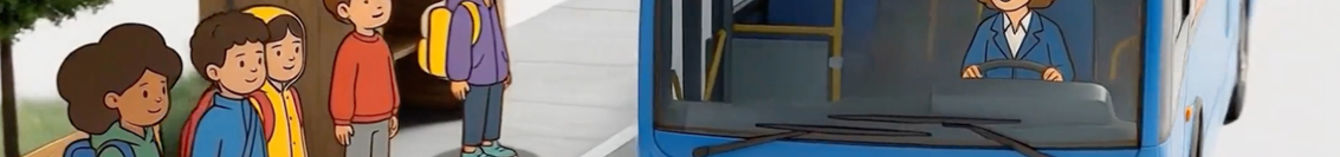 Symbolbild: Illustration von Kindern, die auf den Bus warten.