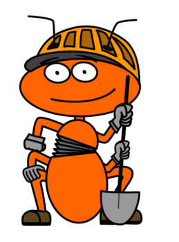 Gezeichnete Ameise mit Helm und Schaufel in der linken Hand