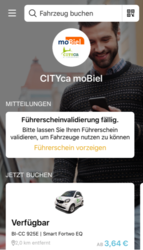 Startbildschirm der App Startbildschirm der App MOQO für CITYca