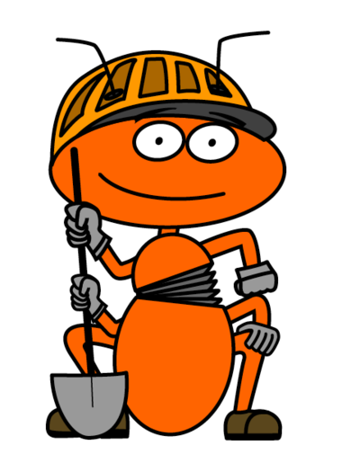 Gezeichnete Ameise mit Helm und Schaufel in der rechten Hand