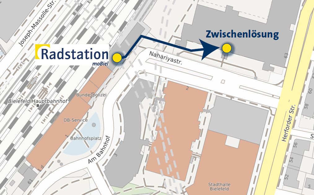 Wegführung vom alten zum neuen Standort der Radstation moBiel in der Nahariyastraße 1